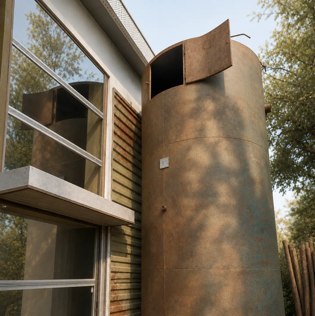 Large vertical cylindrical water tank with open panel next to a building's reflective glass window.