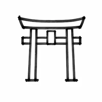 Black and white stylized Torii gate symbol with curved roof and horizontal crossbars.