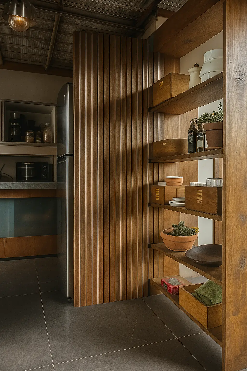 Modern kitchen with wooden shelves holding plants, bottles, dishes, and storage boxes beside a stainless refrigerator.