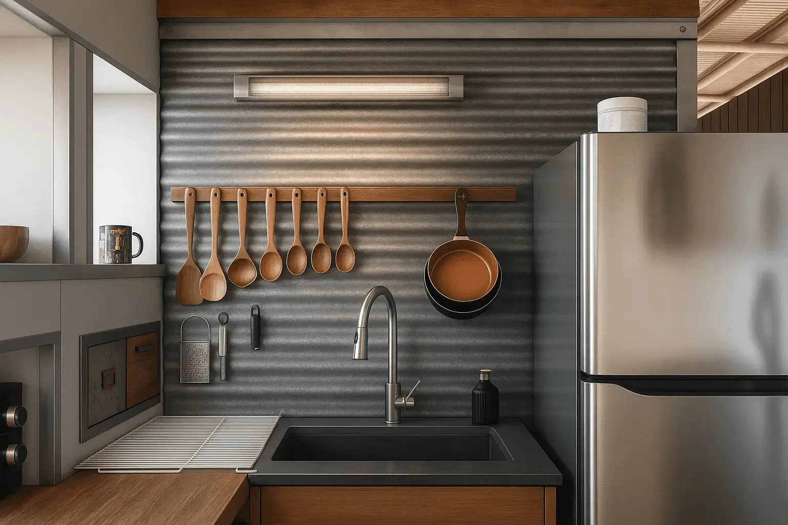 Modern kitchen sink with metal faucet, wooden spoons, hanging pans, and stainless steel refrigerator.