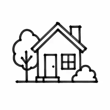 Black line drawing of a house with a chimney, door, window, tree, and bush on white background.