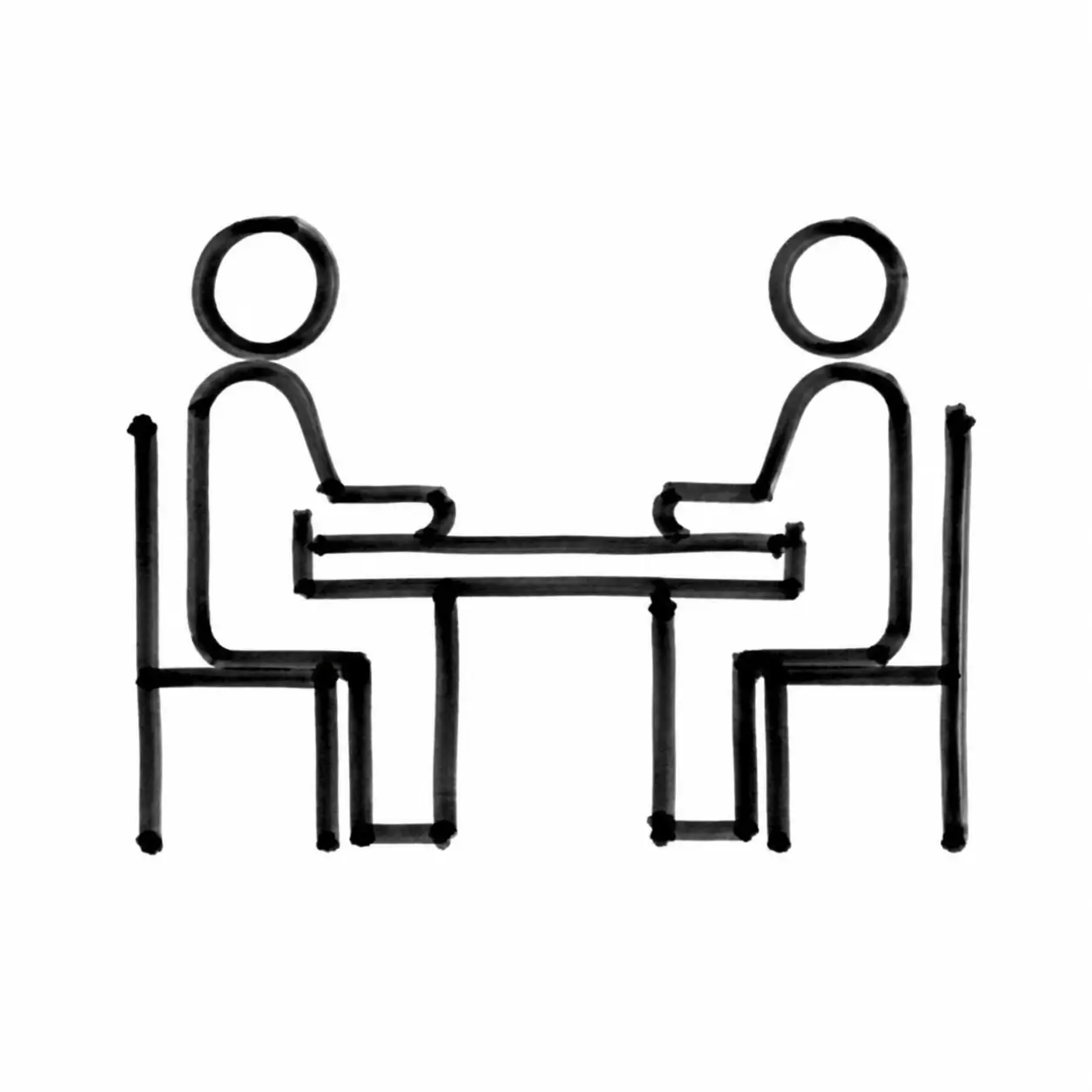 Black line drawing of two people sitting opposite each other at a table.