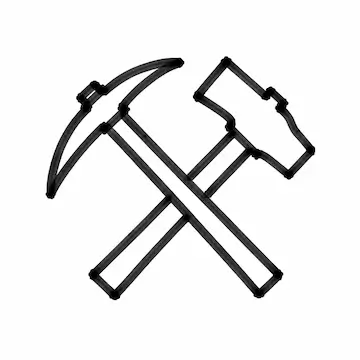 Black outline icon of a crossed hammer and pickaxe on a white background.