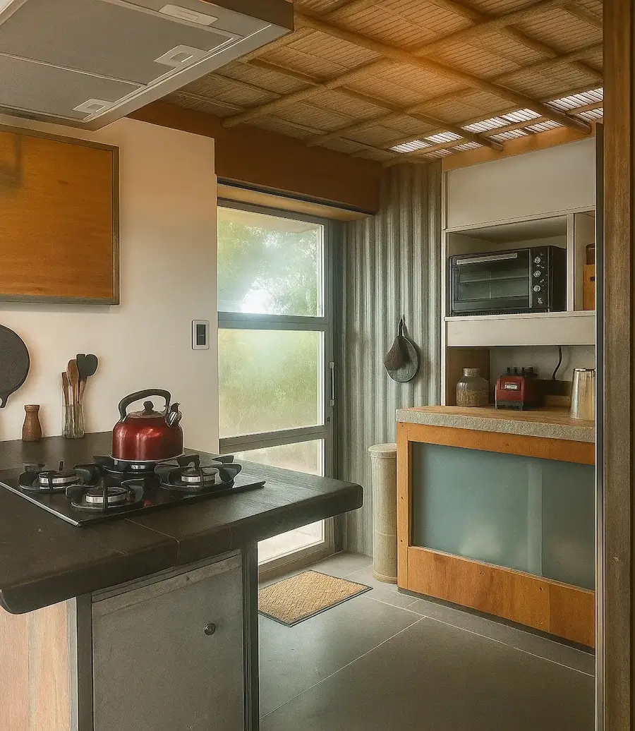 Modern kitchen with gas stove, red kettle, wooden cabinets, microwave, and a glass door.