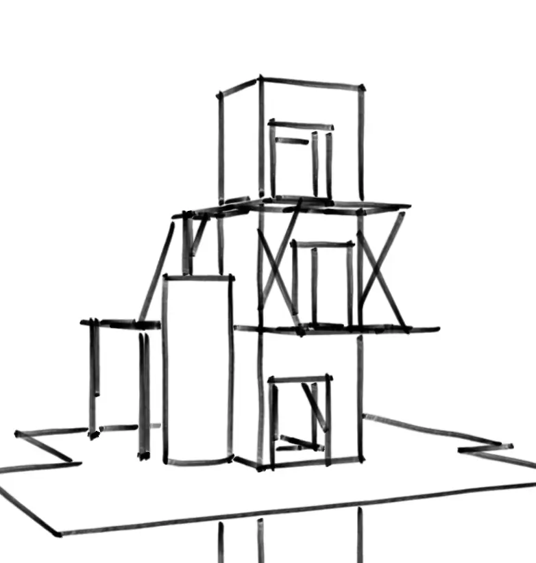 Black line drawing of a multi-level abstract building structure on a white background.