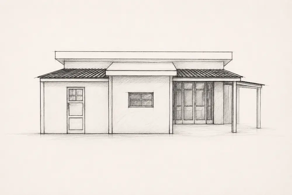 Architectural sketch of a modern house with a flat roof, windows, door, and a covered porch.