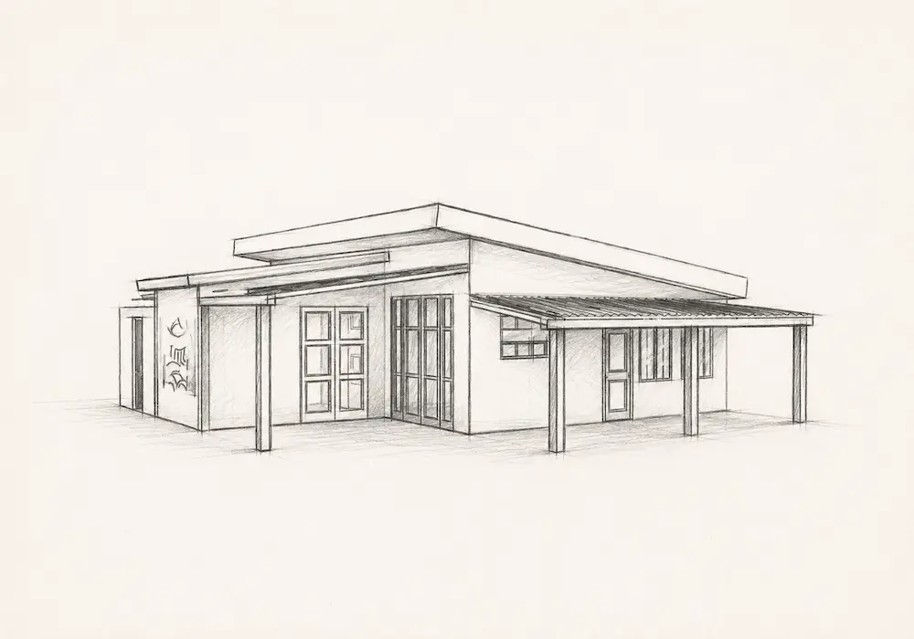 Sketch of a modern single-story house with flat roof, large windows, and covered porch.