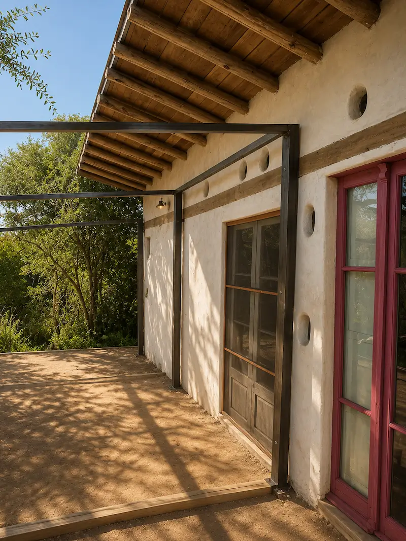 Outdoor patio with wooden roof beams, metal frame structure, and doors on a light stucco wall.