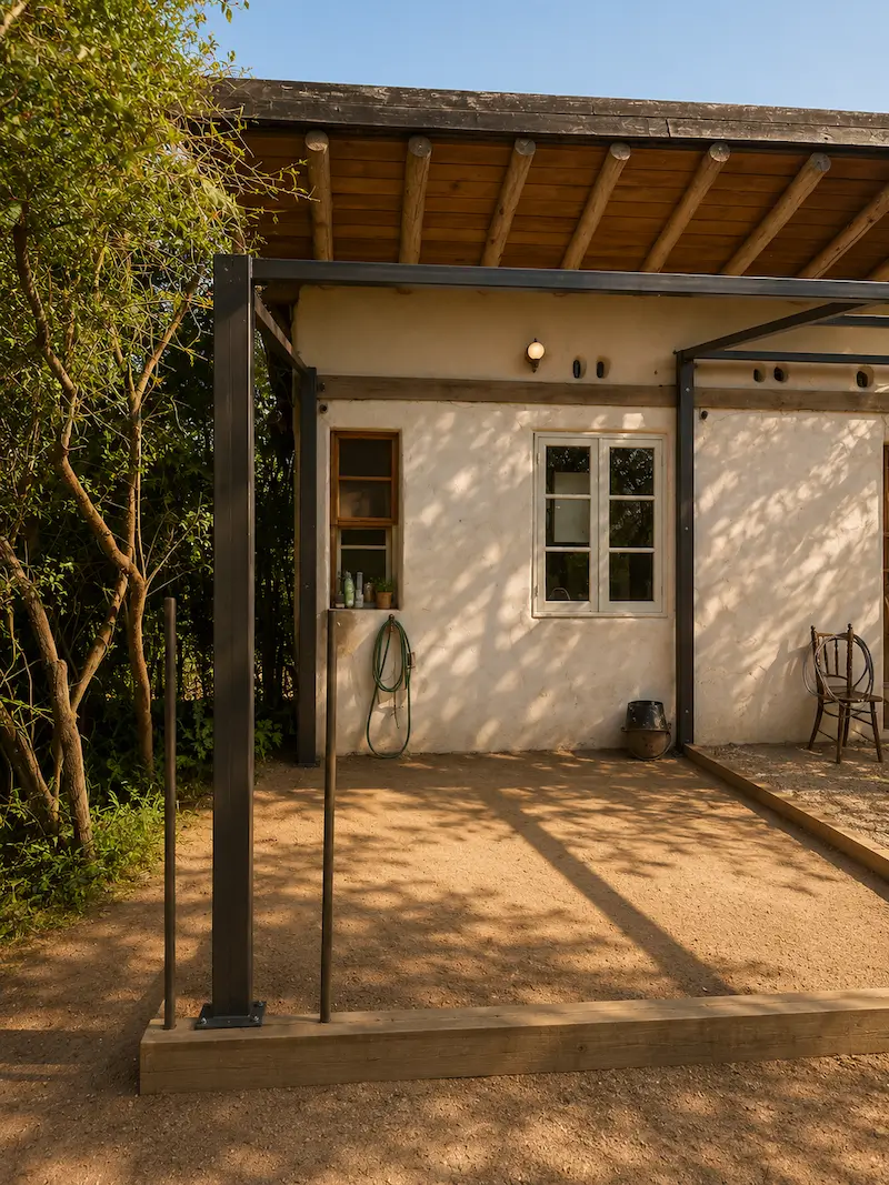 Modern outdoor patio area with metal frame, beige wall, wooden roof, garden hose, and chair.