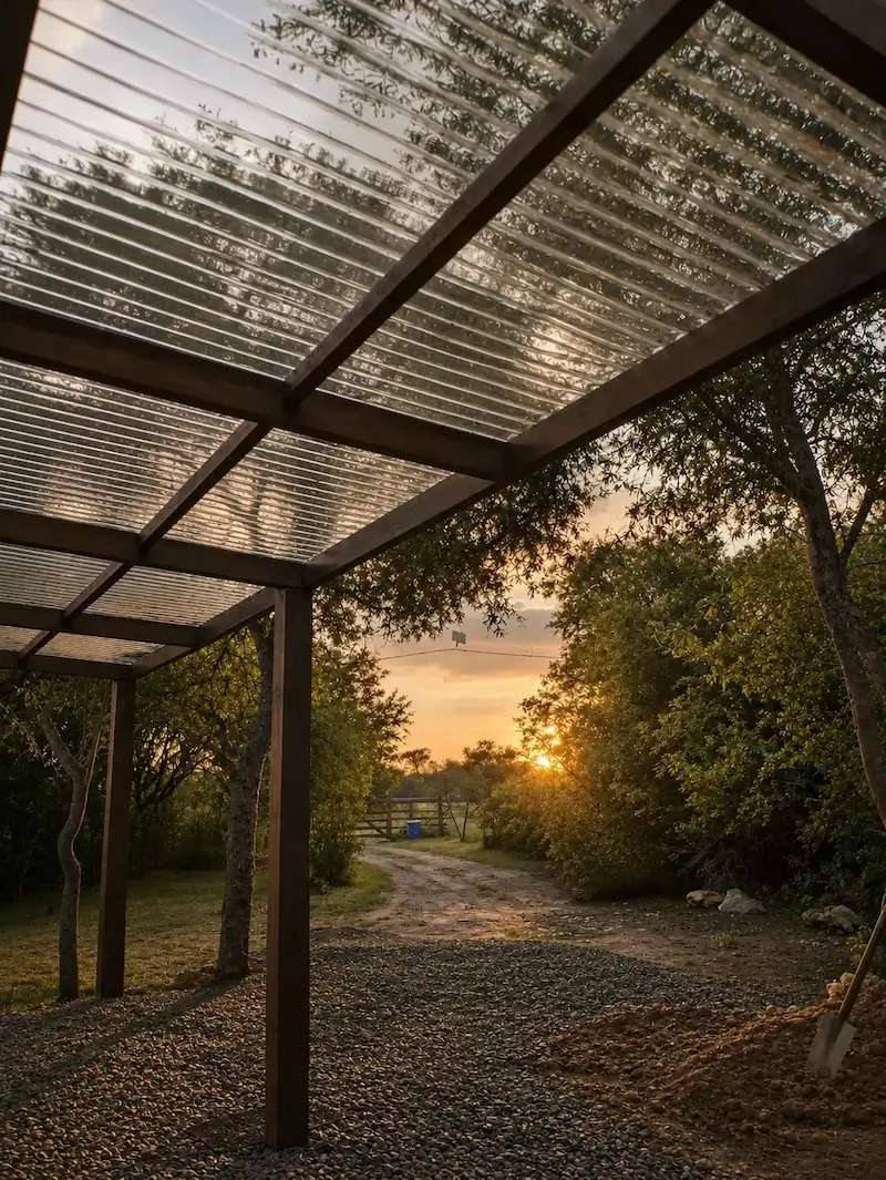 Sunset viewed from under a transparent roof with wooden beams beside a gravel path and trees.