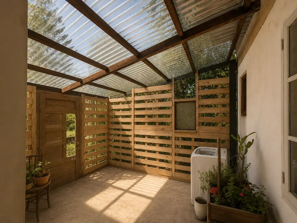 Sunlit outdoor room with wooden lattice walls, plastic roof, plants, and a washing machine.