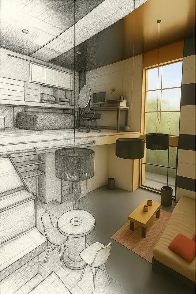 Modern loft-style living space with a sofa, coffee table, pendant lights, stairs, and bedroom/workspace above.