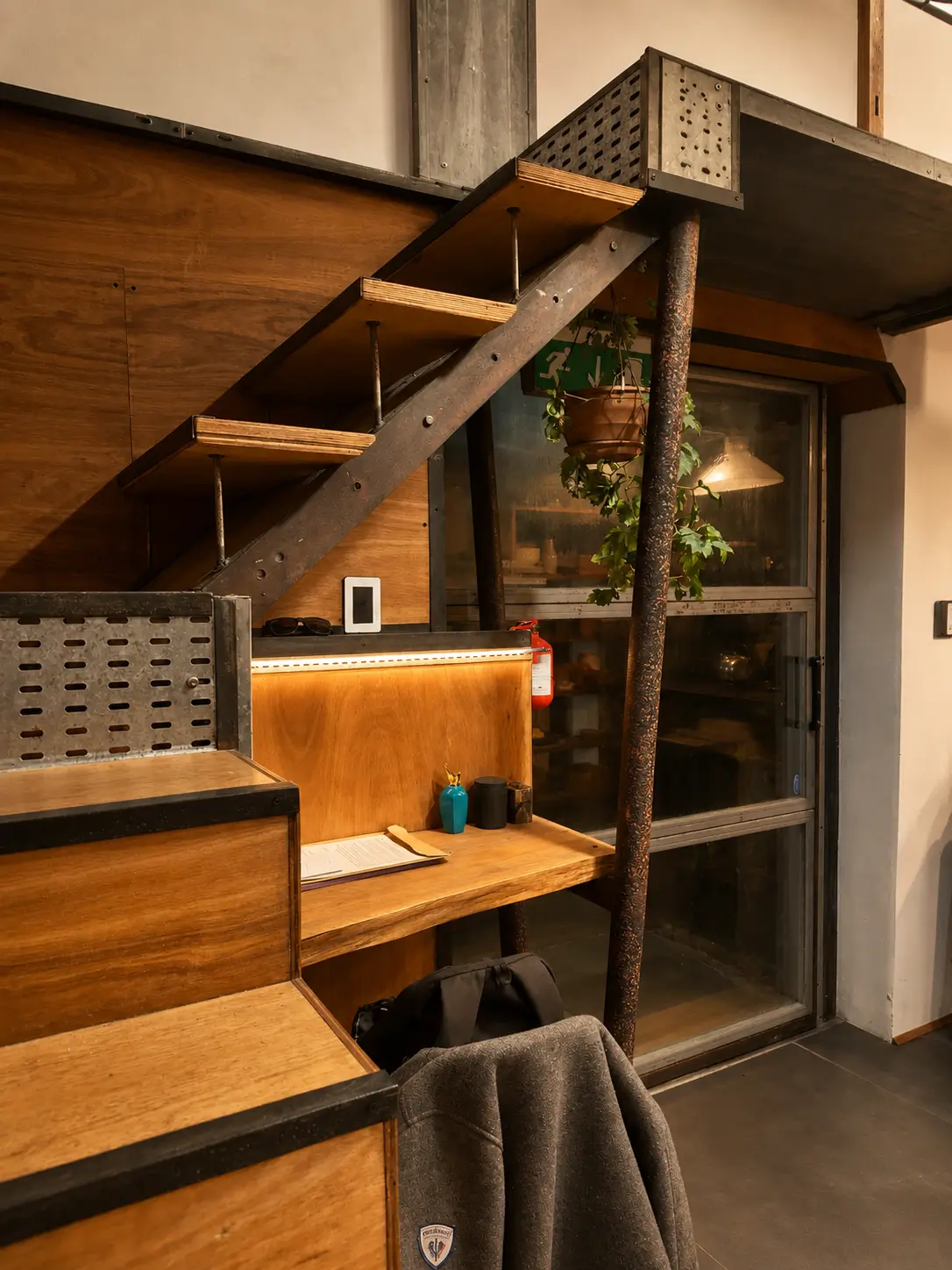 Wooden stairs with metal support and a small desk area under them with items and a jacket on a chair.