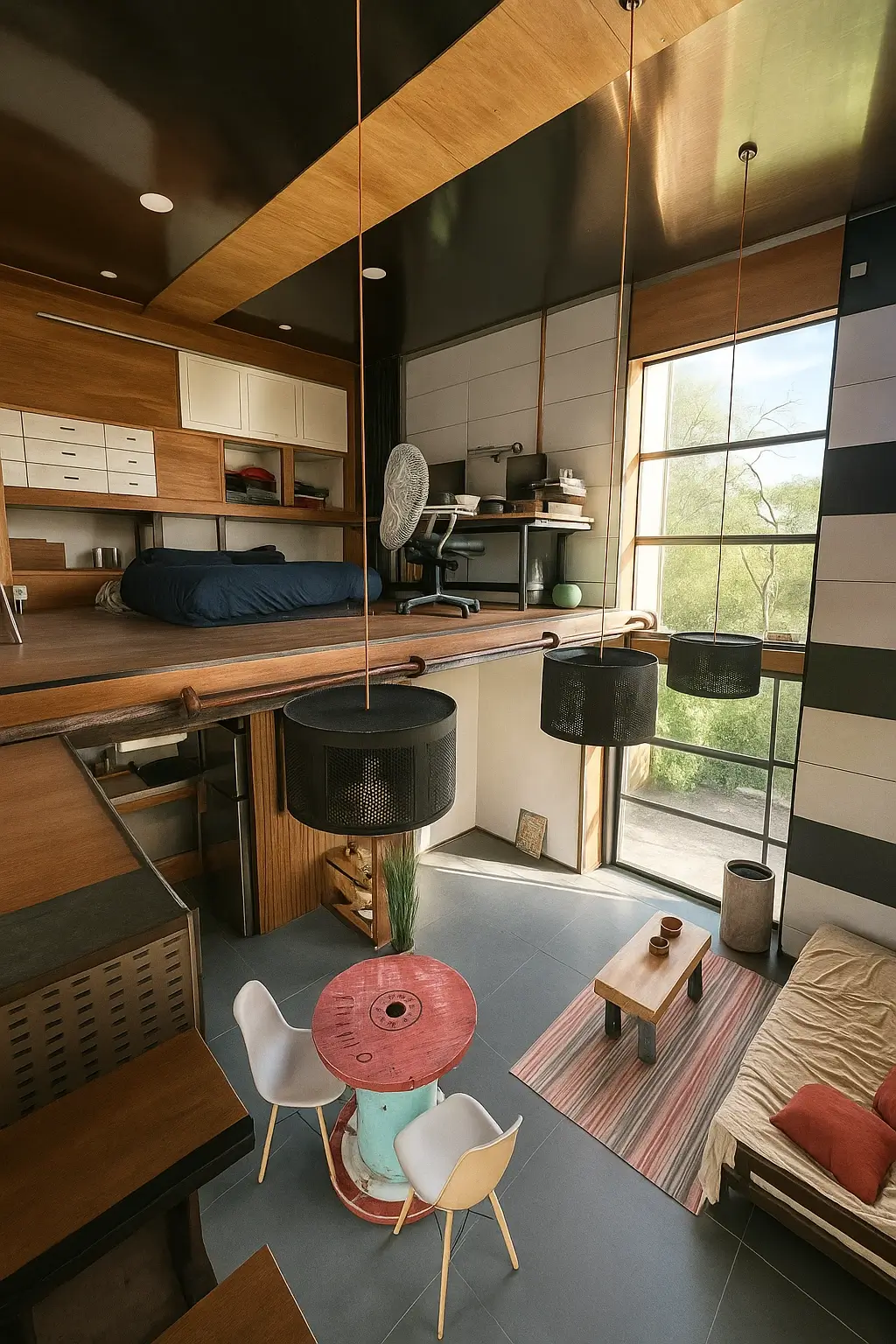 Modern loft with wooden accents, featuring a mezzanine bed, workspace, and seating area below.