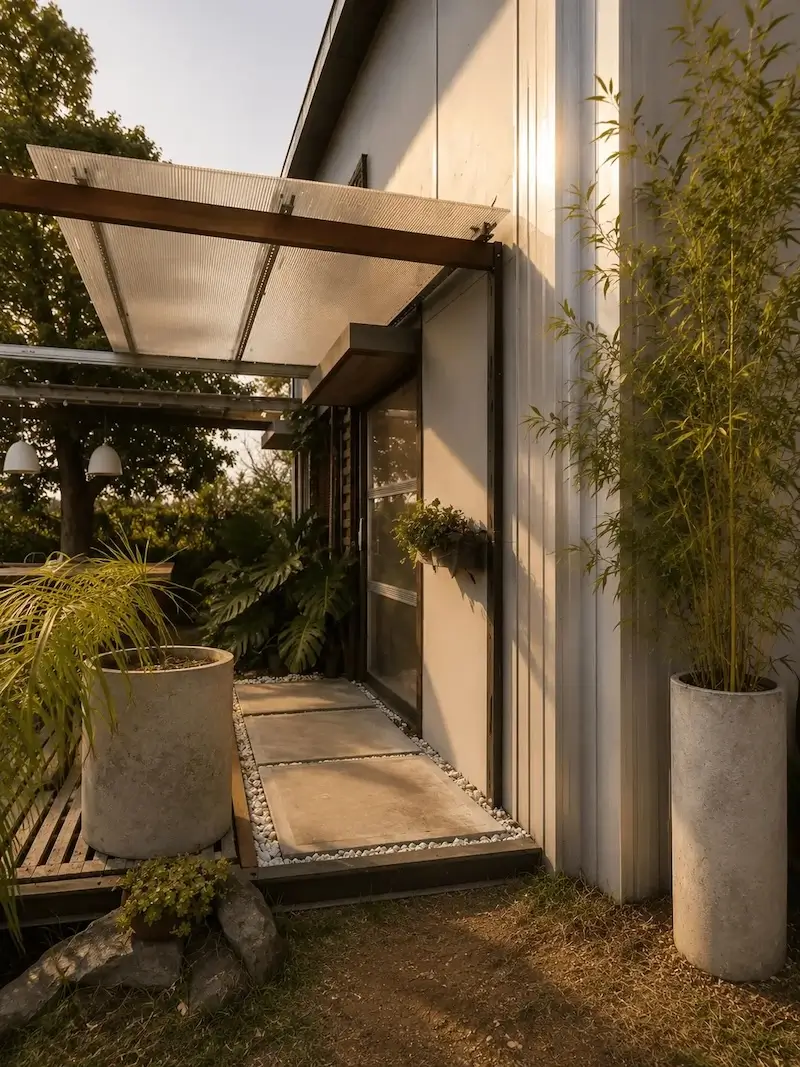 Modern home's exterior with concrete steps, potted plants, and a translucent awning above the entrance.