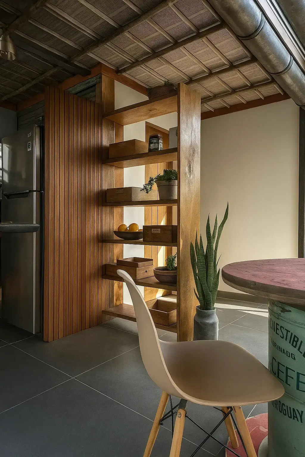 Modern kitchen corner with wooden shelves, potted plants, beige chair, table, and stainless fridge.