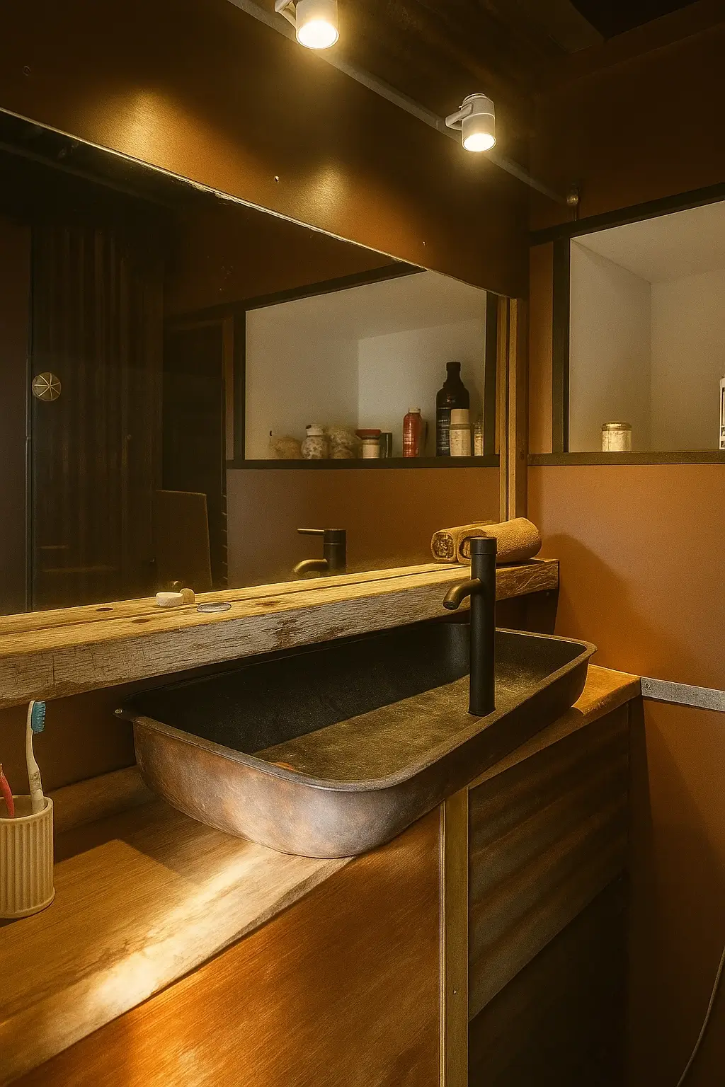 Rustic bathroom sink with black faucet on wooden counter under two ceiling spotlights and large mirror.