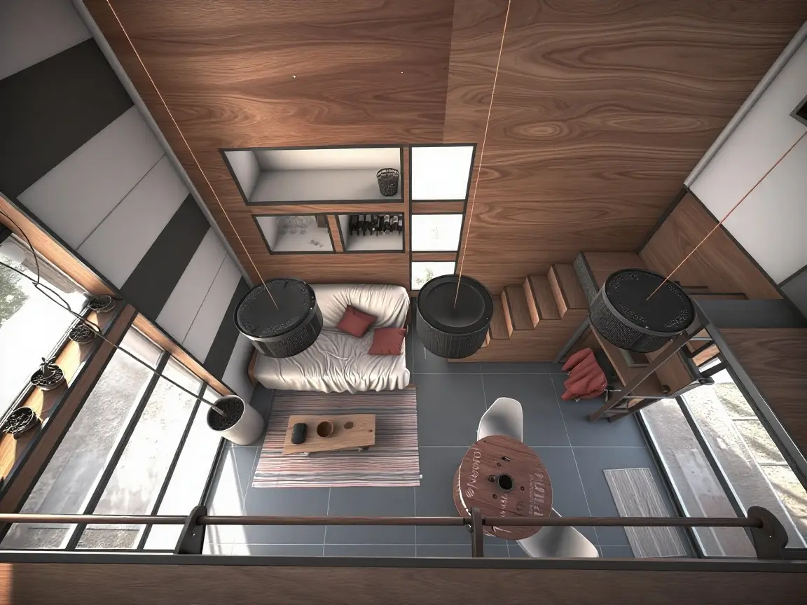 Top-down view of a modern living room with sofa, coffee table, hanging lights, and wooden accents.