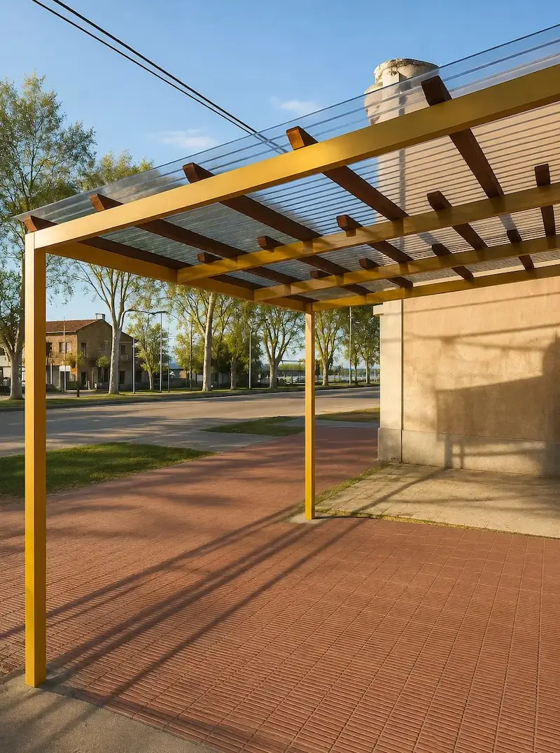 Yellow metal pergola with a transparent roof casting shadows on a brick patio near a beige building.