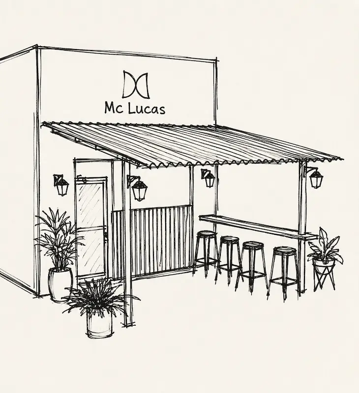 Sketch of a small café exterior with a canopy, stools, wall lamps, potted plants, and the name Mc Lucas on the wall.
