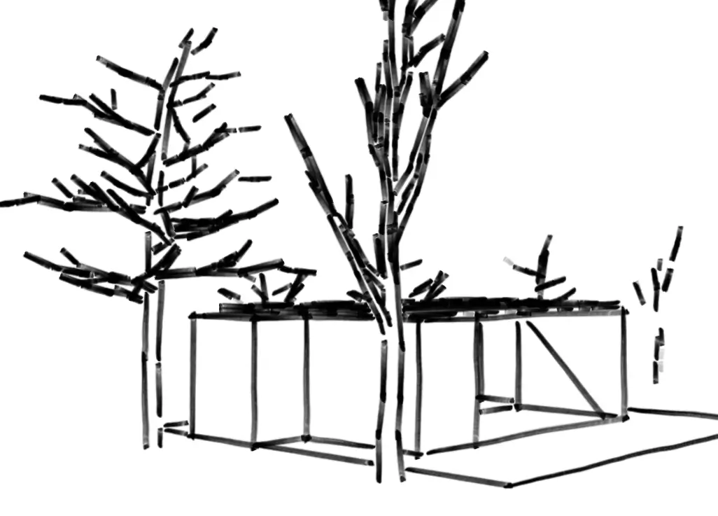 Black and white sketch of a rectangular building surrounded by leafless trees.